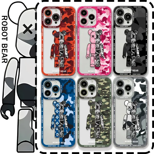 Fashion Luxury Brand Robot Bear Phone Case For iPhone 15 14 13 12 11 Mini Pro Max X XR XSMax 6S 7 8 Plus SE20 Transparent Cover