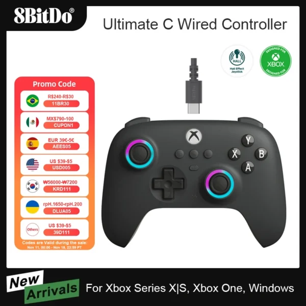 8BitDo Ultimate C Wired Game Controller for Xbox Series X/S Xbox One with RGB Lighting Hall Effect Joysticks for Windows 10/11